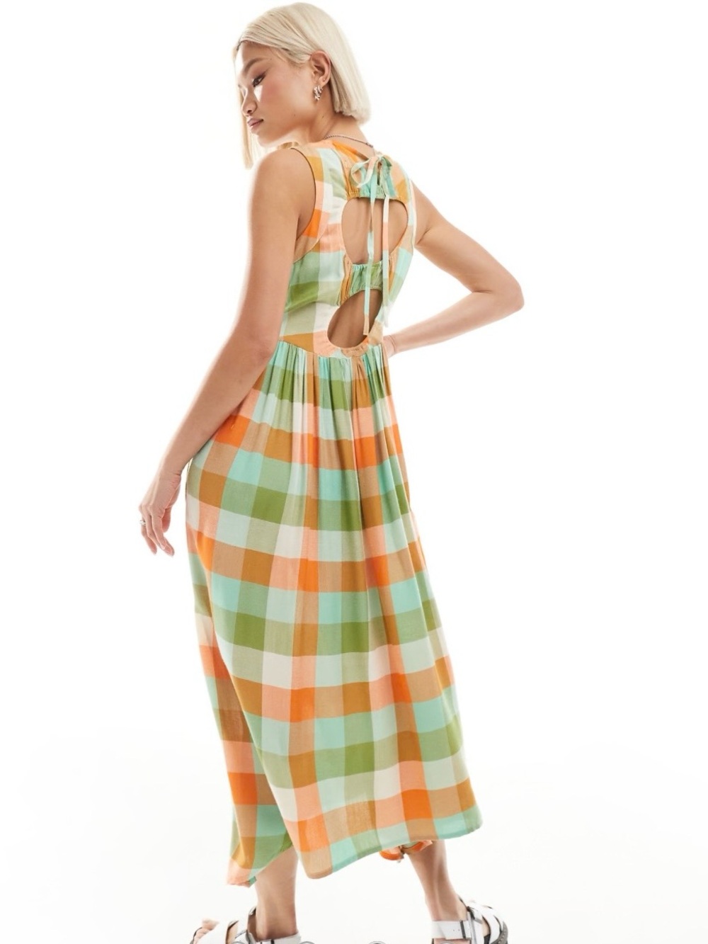 Native Youth UK NWT Sertina Gingham Check Orange Green Midi Sundress XS
